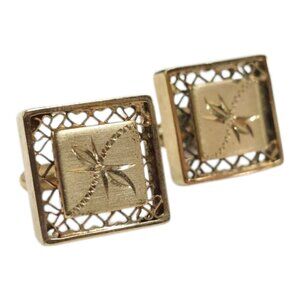 Vintage Filagree Square Cufflinks Gold Tone Stylized Dragonfly Hearts Etched MCM